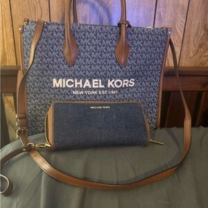 Michael Kors Blue and Brown Tote with Wallet